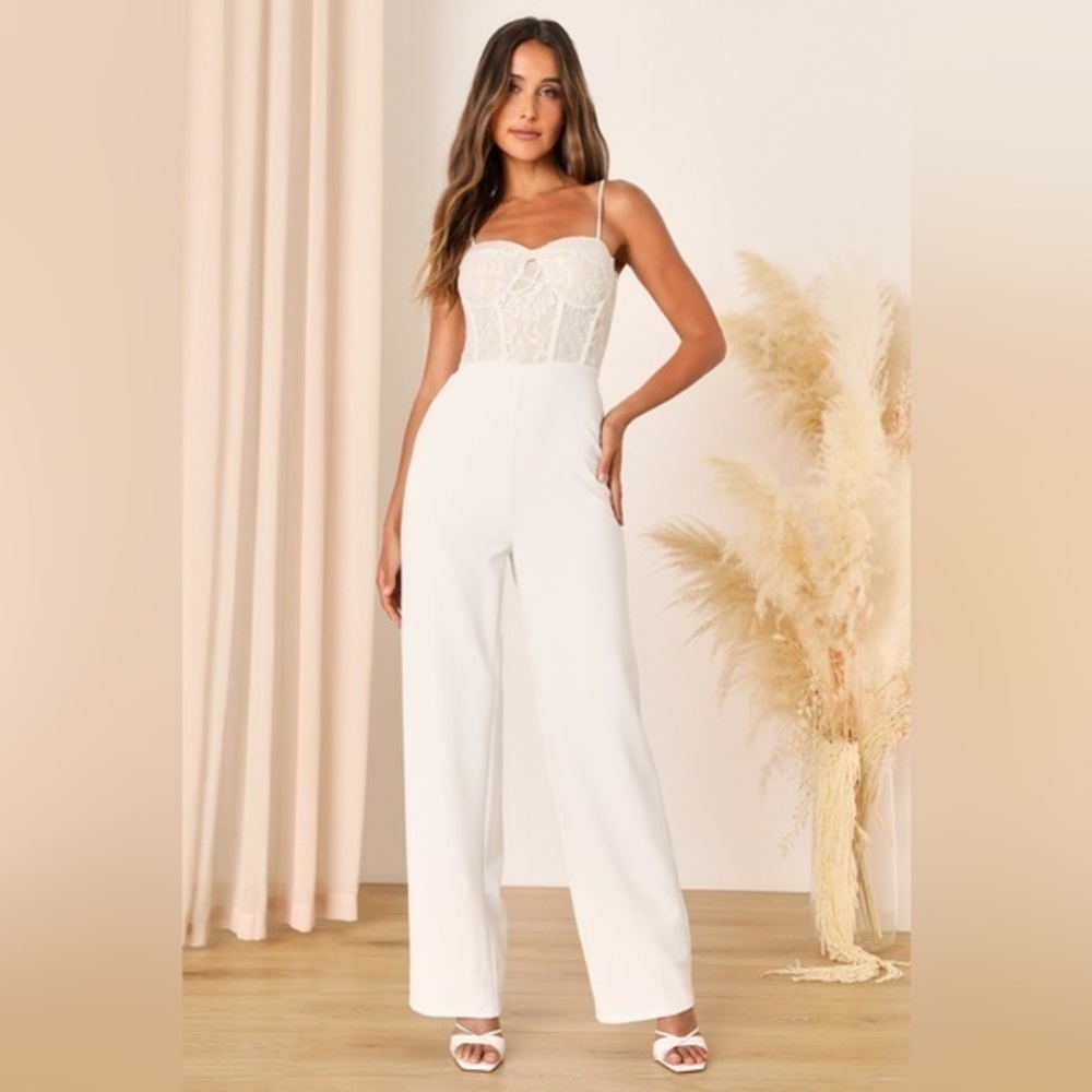 LULUS Eloquently Enticing White and Beige Lace Bustier Jumpsuit